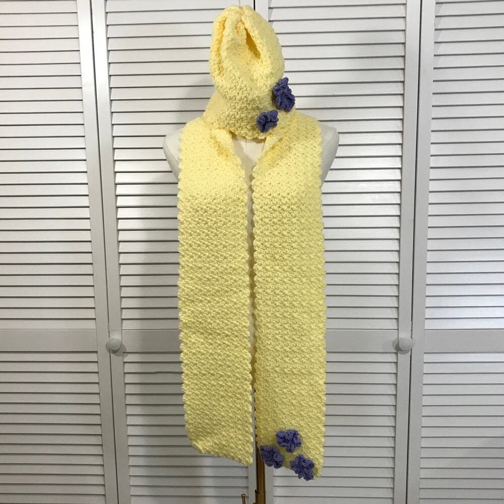 NWT Crochet Boho Cottage Light Yellow Beanie Scarf 68” Textured Winter Set